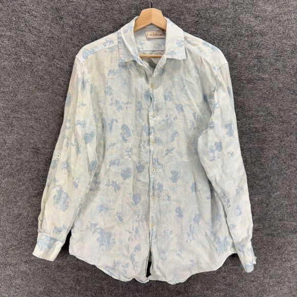 Caribbean Shirt Men M Medium White Floral Button Up Linen Collared Long Sleeve - Picture 1 of 7